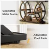 A collage showing a console table with geometric metal frame and adjustable foot pads. Voir les images du produit