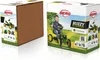 Two boxes of a BERG Buzzy John Deere pedal go-kart are shown. One box is mostly brown cardboard, while the other is a colorful marketing box with a child riding the go-kart. Podgląd zdjęcia produktu