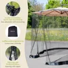 A mosquito net is shown attached to a patio umbrella, with close-up details of its features. Produktbild-Vorschau