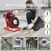 A person is using a pipe cleaning machine with different attachments, and there are inset images showing different pipe types. Podgląd zdjęcia produktu