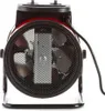 A close-up side view of a red and black electric heater with a metal grill and fan. Náhled obrázku produktu