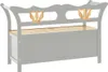 A grey storage bench with a wooden lid and decorative wooden elements on the backrest. Náhľad obrázku produktu