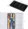 A top-down view of an open watercolor paint set with 48 colors and brushes, along with a closed view of the set with dimensions indicated. Podgląd zdjęcia produktu