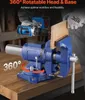 A blue vise is shown on a wooden table, with a person using a drill to work on a piece of wood held in the vise. Text overlays highlight features. Anteprima dell’immagine prodotto