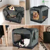 Collage of three images showing a foldable dog crate with dogs inside, and a person's legs next to it. Produktbild-Vorschau