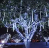 Trees decorated with white and blue LED lights at night. Náhled obrázku produktu