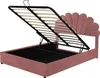 A pink upholstered bed frame with the mattress support system lifted, revealing storage space underneath. Náhľad obrázku produktu