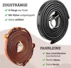 Two rolled-up horse reins, one black and one brown, with descriptive text and checkmarks highlighting features. Produktbild-Vorschau