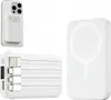A collage of a white magnetic power bank with integrated cables and a white power bank with a MagSafe charging circle. Produktbild-Vorschau