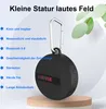 A black Bluetooth speaker with a carabiner clip is shown, with text listing its features. Produktbild-Vorschau