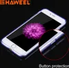 A transparent phone case is shown on a black background, highlighting its button protection feature. Produktbild-Vorschau