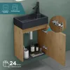 A bathroom vanity with a sink and open cabinet, showing storage and hardware. Produktbild-Vorschau