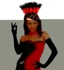 A woman wearing a costume with black and red elements, including gloves and a feathered headpiece. Produktbild-Vorschau