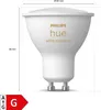 A product shot of a Philips Hue light bulb with dimensions and an energy efficiency label. Produktbild-Vorschau