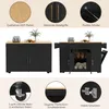 A collage of images showcasing a black kitchen island with a wood-toned countertop, highlighting its features like MDF panels, metal handles, wheels, and hinges. Voir les images du produit