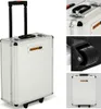 A collage of images showing a silver tool trolley with wheels and a telescopic handle, with close-up views of its features. Náhled obrázku produktu