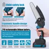 A hand holding a mini chainsaw with various feature callouts and icons. Produktbild-Vorschau