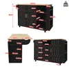 A diagram showing the dimensions of a black kitchen island with a wooden countertop, presented in three different views. Náhľad obrázku produktu