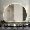 A bathroom mirror with integrated lighting, showcasing its features through icons and text overlays. Produktbild-Vorschau