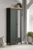 A tall, dark green wardrobe with a mirrored door and a wooden top, placed in a room with a light gray wall and a window with sheer curtains. A basket with a grey blanket is to the left, and a potted plant is on top of the wardrobe and to the right. Podgląd zdjęcia produktu