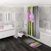 A modern bathroom with marble-tiled walls, a white vanity with a sink, a toilet, and a bathtub with a shower curtain. Produktbild-Vorschau