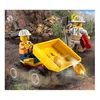 Two LEGO miners are working in a rocky, outdoor environment, with one operating a yellow mining vehicle and the other holding a shovel and a red tool. Produktbild-Vorschau