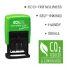A green COLOP mini-dater S120 stamp is shown next to a list of its features and an eco-friendly symbol. Produktbild-Vorschau