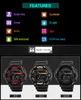 A marketing image showcasing the features of a digital watch and three different color variants. Podgląd zdjęcia produktu