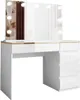A white vanity table with a mirror and lights, against a white background. Produktbild-Vorschau
