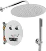 A set of chrome shower fixtures including a shower head, a wall-mounted control panel, and a handheld shower head with hose, all displayed against a white background. Anteprima dell’immagine prodotto