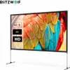 A projector screen with a colorful image of parrot feathers displayed on it, set on a white background with a stand. Anteprima dell’immagine prodotto