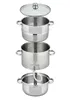 A multi-part stainless steel pot set is disassembled and displayed against a white background. Produktbild-Vorschau