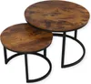 A set of two round nesting coffee tables with wooden tops and black metal bases, shown against a white background. Voir les images du produit