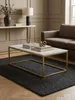 Draufsicht auf den 100x60 cm Couchtisch in Weiß-Gold, der mit Büchern und Dekoration auf einem strukturierten Teppich vor einem Sofa arrangiert ist._#sku_SAFWL6.606# Produktbild-Vorschau