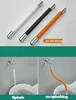Three flexible faucet extenders in white, black, and orange are shown in the top half of the image, with a size indicator. The bottom half shows a faucet with and without the orange extender, demonstrating its splash-reducing effect. Produktbild-Vorschau
