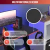 A gaming desk setup with a monitor, computer tower, and headphones, featuring product feature callouts. Produktbild-Vorschau