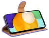 A blue book-style phone case with a brown interior, holding a smartphone displaying a colorful abstract image. Anteprima dell’immagine prodotto