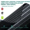 A close-up image of black mesh material with various certifications and text overlays. Produktbild-Vorschau