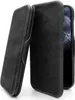 Two black phone cases are displayed diagonally against a white background. One case is open, revealing a phone screen with a nature image. The other case is closed. Produktbild-Vorschau