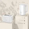 A white toaster and a white kettle are displayed on separate pedestals, with dimensions and capacity information provided. Produktbild-Vorschau