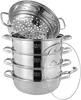 A stainless steel multi-tier steamer set is stacked and displayed against a white background. Podgląd zdjęcia produktu