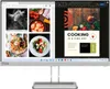 A computer monitor displaying a split screen with a web page showing food images on the left and a design document with text and graphics on the right. Produktbild-Vorschau