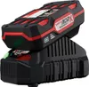 A black and red battery charger with a battery pack on top. Produktbild-Vorschau