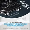 A close-up of a black toilet seat with a speckled pattern, showing its hinges and mounting hardware. Text overlays provide information about easy installation and stability. Náhľad obrázku produktu