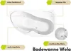 A top-down view of a white bathtub with callouts highlighting its features. Produktbild-Vorschau
