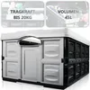A folded storage box is shown with two inset marketing images at the top highlighting its load capacity and volume. Produktbild-Vorschau