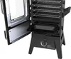 A black gas grill smoker with its door open, showing the interior racks and a drip pan. Produktbild-Vorschau