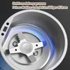 Nahaufnahme der Edelstahlkammer eines elektrischen Mühle mit scharfen Klingen, mit blauem Lichteffekt Náhľad obrázku produktu