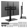 A TV stand with a TV mounted on it, shown from the front and side, with all the included hardware laid out below. Produktbild-Vorschau