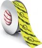 A roll of yellow tape with black text and logos is partially unrolled, showing the tape's pattern and the roll itself. Produktbild-Vorschau